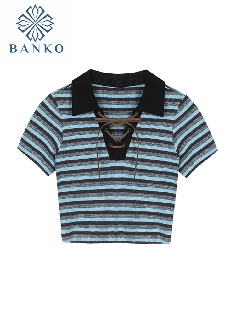 

Y2K Striped 90s Crop Tops Turn-down Collar Short Sleeve Knit T-shirts Sexy Skinny Bandage Hollow Out Vintage Clothes Shirt Mujer