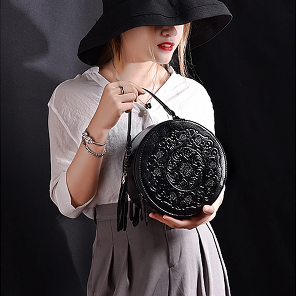 

Women's Crossbody Bag Round Shoulder Bag 2022 Vintage Flower Genuine Leather Brand Design Retro Handbag Tassel Top-handle Bag