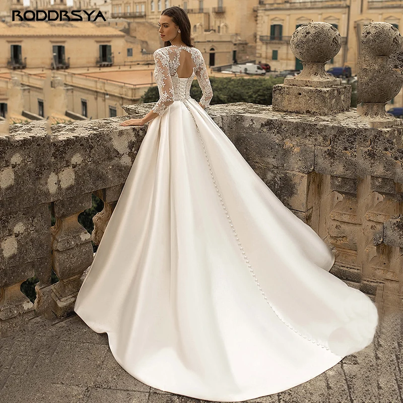 Roddrsya Illusion O Neck Wedding Abiti Maniche Lunghe Appliques Abiti Da Sposa Pocktes Satin Vestido De Novia Backless Lace Up