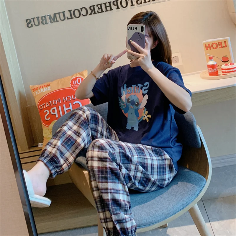 Disney Cartoon Stitch Cute Kawaii Pajama Sets for Women Summer Matching Short Sleeve Top and Plaid Pants Ladies Home Suit Casual