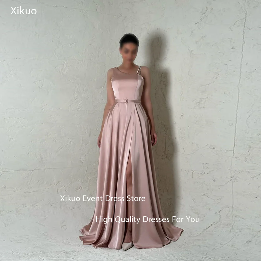 Фото Xikuo Асимметричные бретели Вечерние платья Розовые атласные платья для выпускного вечера с поясом А-силуэта с открытой спиной Шикарные Sukienka Wieczorowa по индивидуальному заказу №1