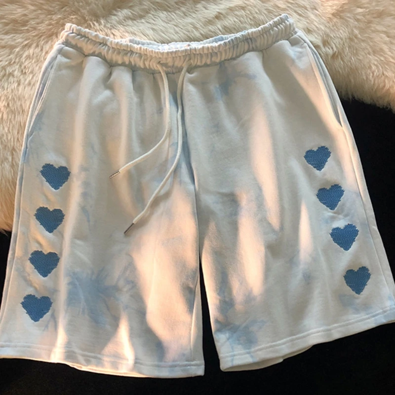 

Womens Summer Drawstring Elastic Waist Long Shorts Harajuku Gradient Color Heart Embroidery Sports Loose Sweat Shorts