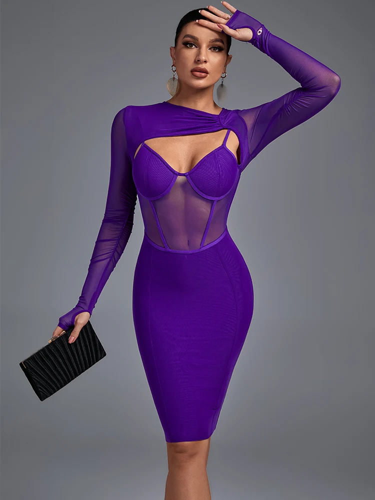 

Mesh Bandage Dress 2022 Women Long Sleeve Bandage Dress Bodycon Elegant Sexy Purple Evening Party Dress Summer Club Outfits
