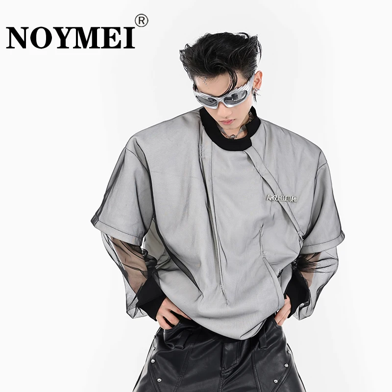

NOYMEI Fake Two Piece Doublelayer Spliced Short Sleeve Trend Men Mesh Irregular Patchwork T-shirt Perspective Casual Top WA2091