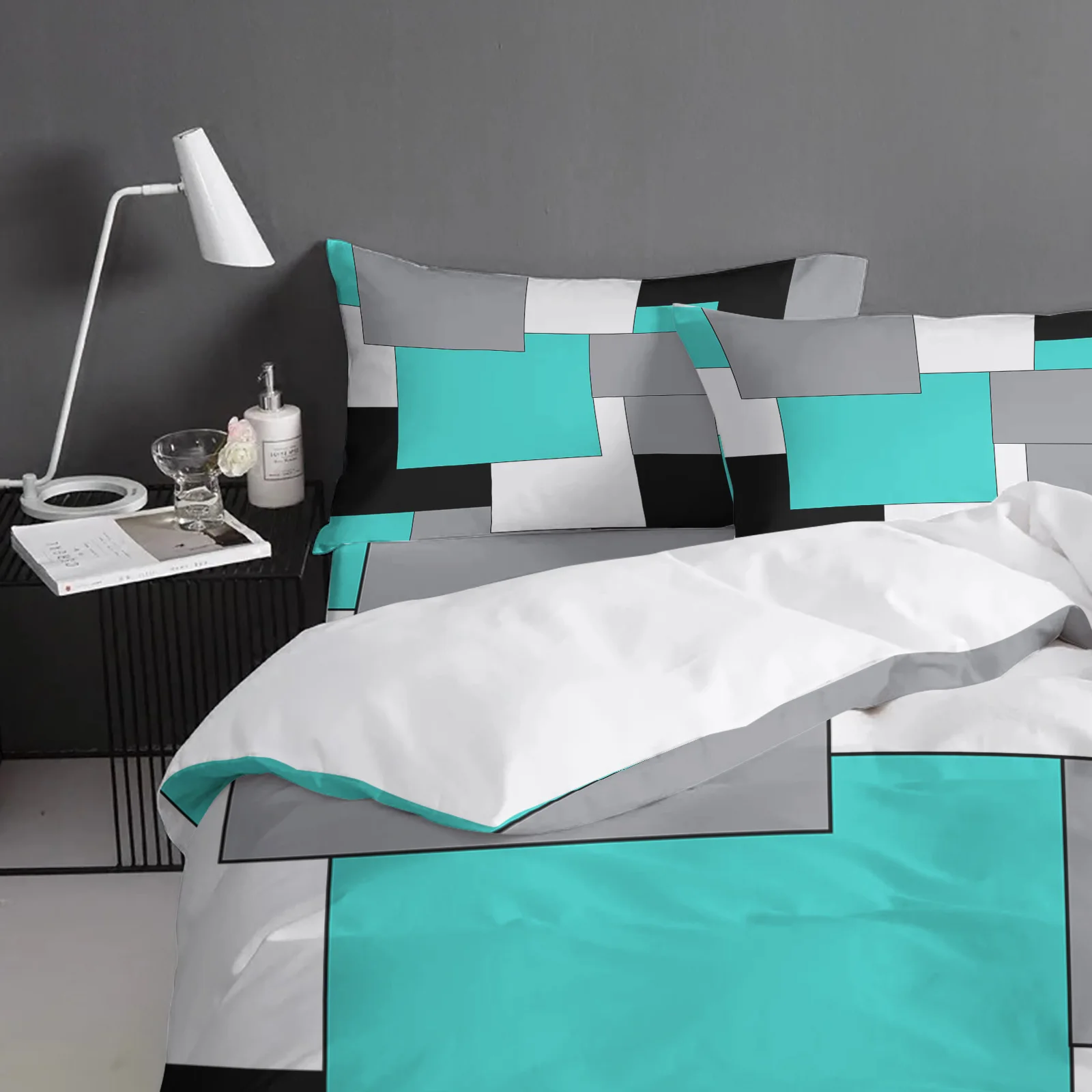 Aqua Turquoise Black Grey Color Blocks Comfortable Household Goods Bedroom Bed Luxury Duvet Cover 2/3/4 Pieces | Дом и сад