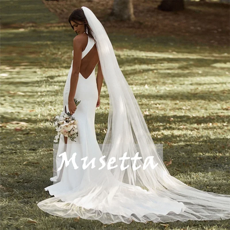 

Plain Halter Neck Mermaid Wedding Dress Sleeveless High Split Bridal Gown Sexy Backless Satin Court Train Civil Vestido De Novia