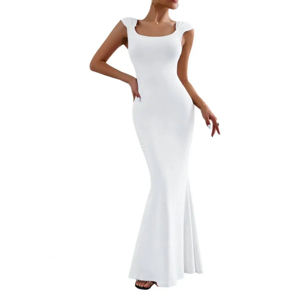 

Элегантные женские платья 2023, вязаное платье без рукавов с квадратным вырезом, плиссированное облегающее платье-макси с открытыми плечами