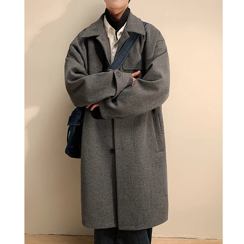 Winter Thick Woolen Coat Men Warm Fashion 3-color Oversize Long Woolen Coat Men Korean Loose Woolen Trench Coat Mens Overcoat