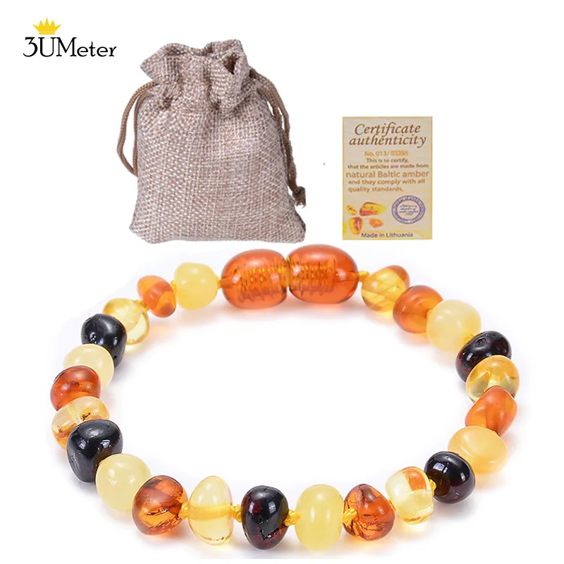 

3UMeter Natural Amber Beads Bracelet Hand-Assembled Oval Shape Baltic Ambers Teething Bracelets Certified Jewelry Gift for Baby