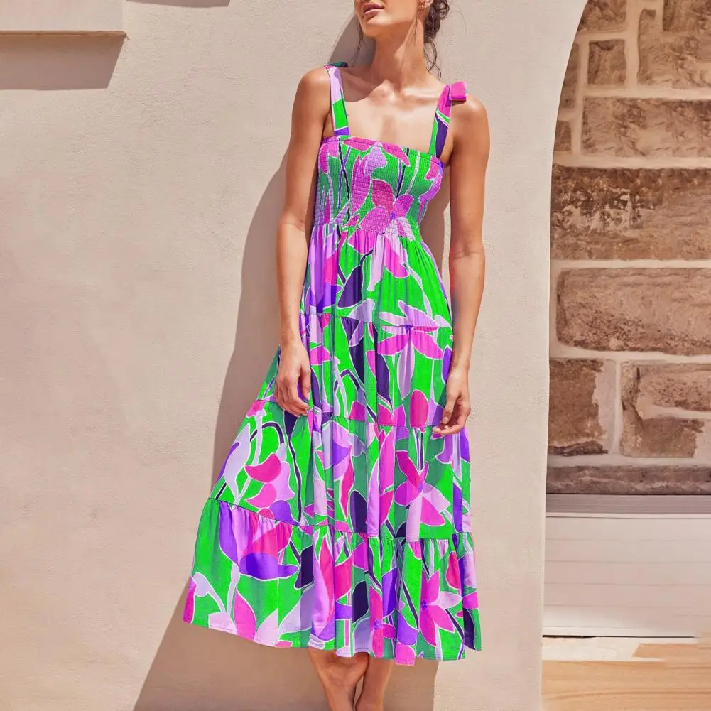 

Платье женское летнее эластичное на бретельках, с оборками и цветочным принтом листьев, на лямках, уличная одежда с запахом, с открытой спиной