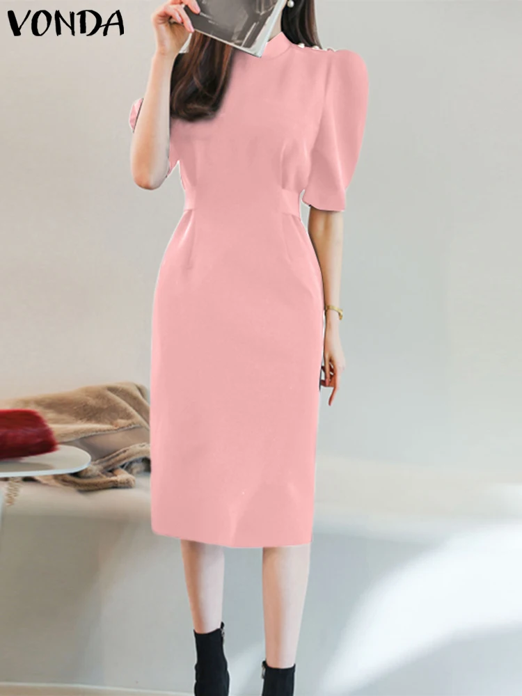 

VONDA 2023 Elegant Summer Dress Women Short Sleeve Stand Collar Midi Sundress Fashion Casual Solid Color Streetwear Long Robe