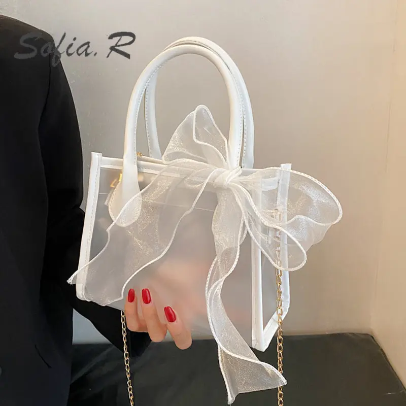 

Summer Shoulder Bag Popular Chain Lace Bow Messenger Small Square Bag Women New Frosted Transparent Jelly Bag + Bow