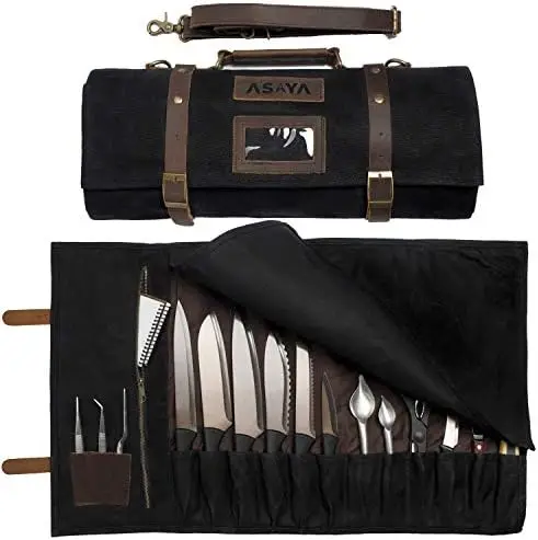 

Canvas Knife Roll - 15 Knife Slots, Card Holder and Large Zippered Pocket - Genuine Leather, Cloth and Brass Buckles - for Chefs