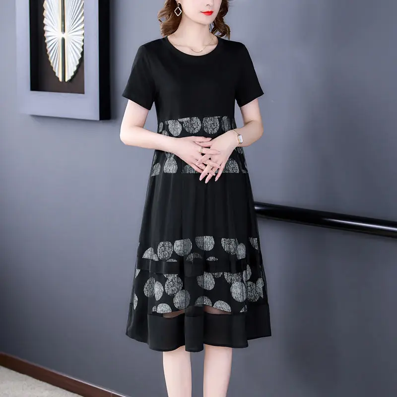 

Summer Lace Patchwork Printed Fake Two-piece Straight Skirt O Neck Short Sleeve Midi Dress Simplicity Elegant Women Clothing