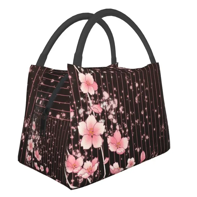 

Sakura Cherry Blossom Pinstripe Insulated Lunch Bags for Camping Travel Japan Flower Leakproof Cooler Thermal Lunch Box Women