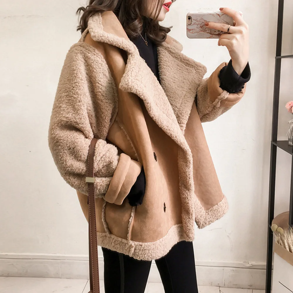 

Women Fleece Jacket 2022 Loose Warm Thicken Lamb Plush Winter Clothes Ladies Streetwear Outwear Lamb Wool Stitching Jacket Coat