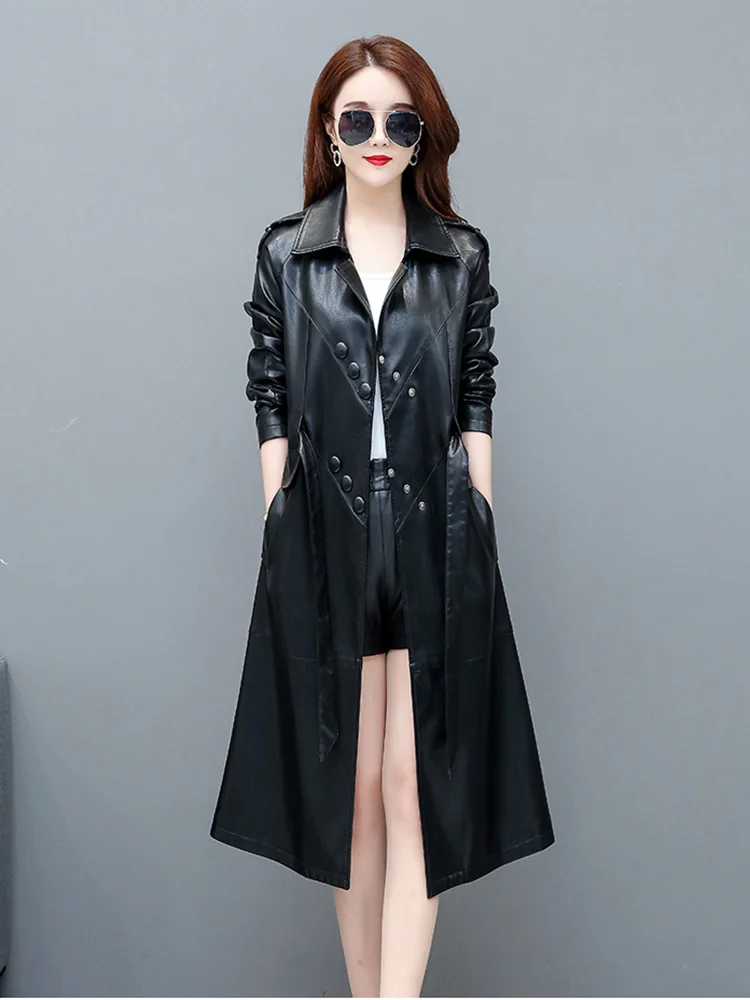 Women SheepSkin Long Trench Coat 2022 Spring Autumn Turn Down Collar Women Clothes Slim Fashion Full Sleeve Leather Belt Trench