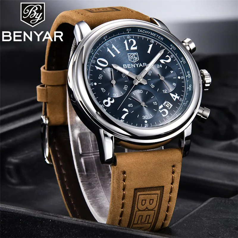 Часы-хронограф мужские водонепроницаемые из натуральной кожи в стиле милитари |