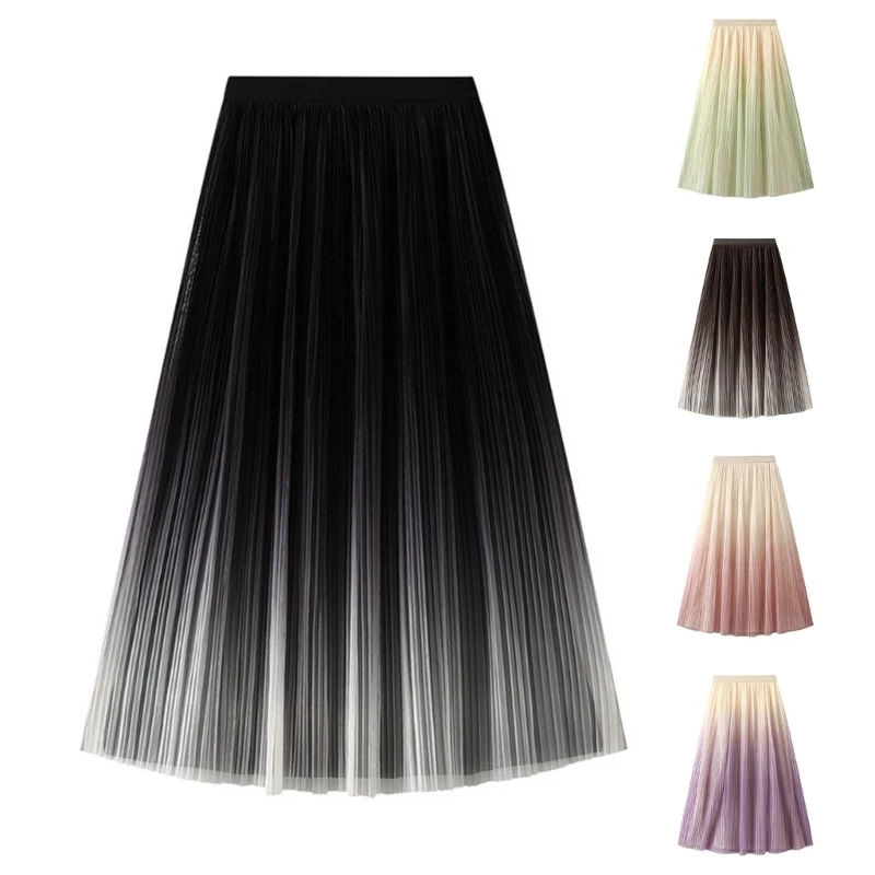 

Parties Dresses Gradients Color Midi Dress Hight-waist Under Knee Long Skirt Temperament Sweet Girl Clothing for Summer