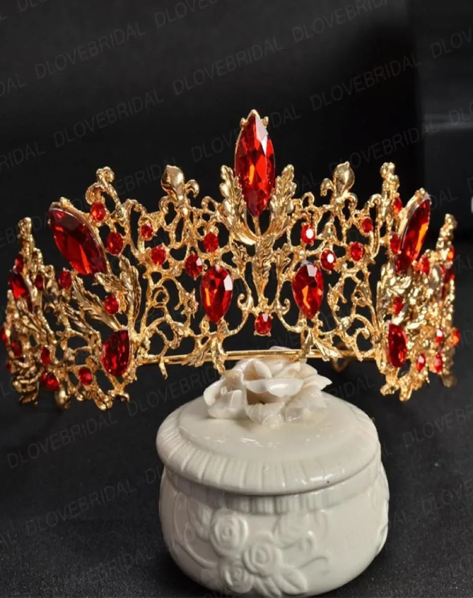 

Gold Siver Bridal Tiara with Red Crystal High Quality Stunning Big Pageant Crown no Comb Brithday Party Po Hair Accessories