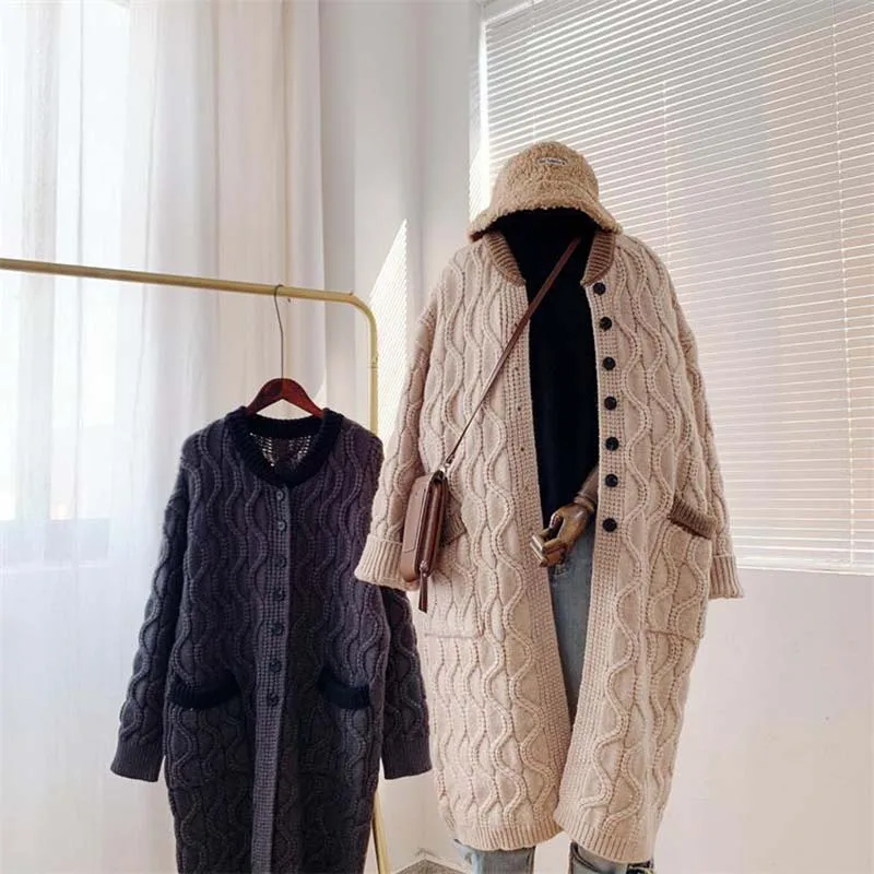 DAYIFUN High Quality Sweater Oversized Cardigan for Women Solid Color Twist O Neck Knitted Long Korean 2022 Winter Thick Jackets