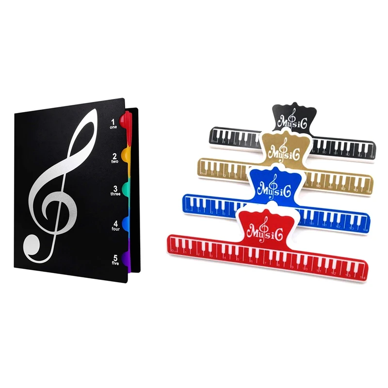 

1 Pcs Music Themed Folder Holder Writable & 4 Pcs Music Book Note Paper Ruler Sheet Music Spring Clip Holder