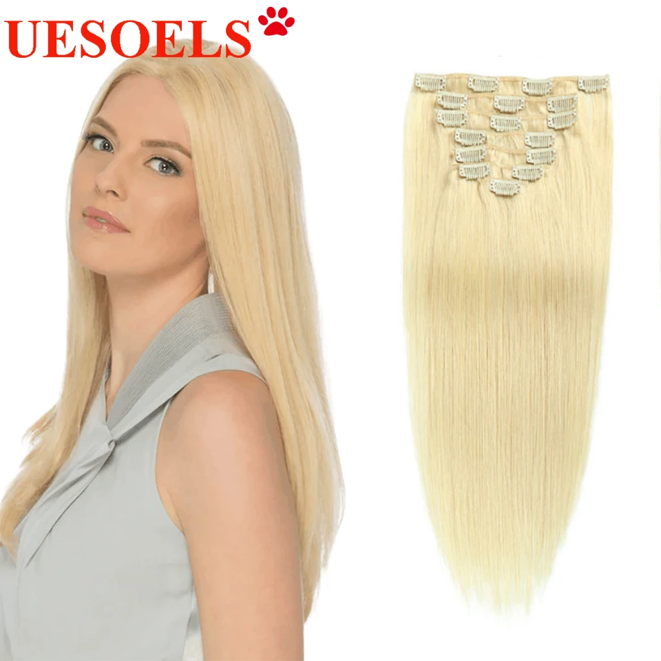 

Uesoels Silky Straight Clip In Human Hair Extensions 100% Remy Human Hair 8 Pieces/Set 120G #613 Full Head For Women Wholesale