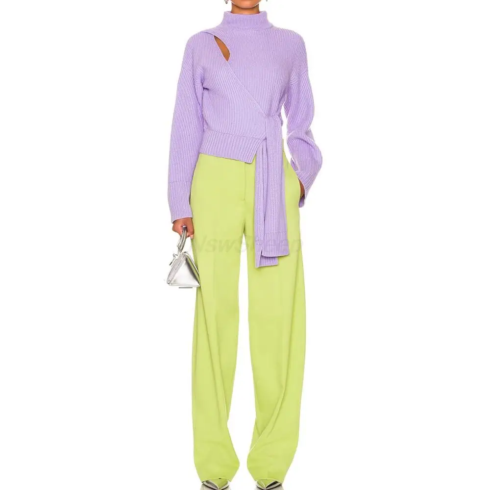 

Женский Зимний вязаный пуловер с ложным воротником, Однотонный свитер с бандажом спереди, теплый женский свитер из вискозы и нейлона с длинным рукавом