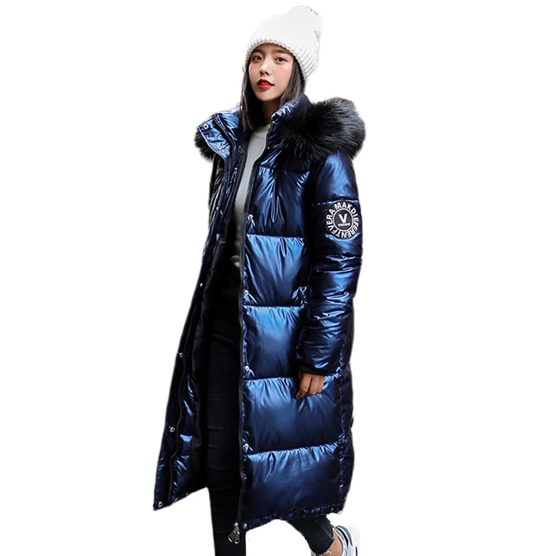 women X-long oversize blue down jackets thick casual with fur epaulet 2022 winter female down coats hooded solid enlarge