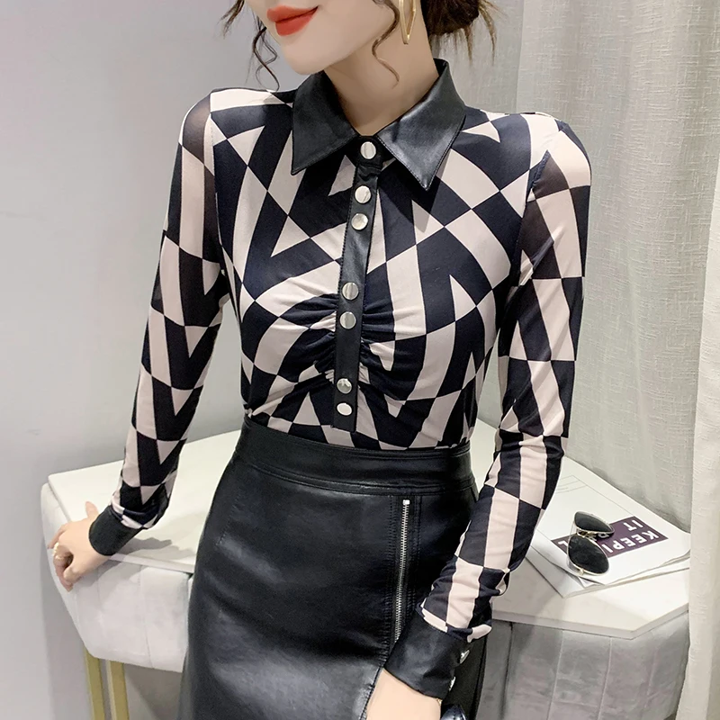 

2023 Fall Winter European Style PU Leather Blouses Women Chic Sexy Draped Button Patchwork Plaid Long Sleeve Elastic Tops 38060