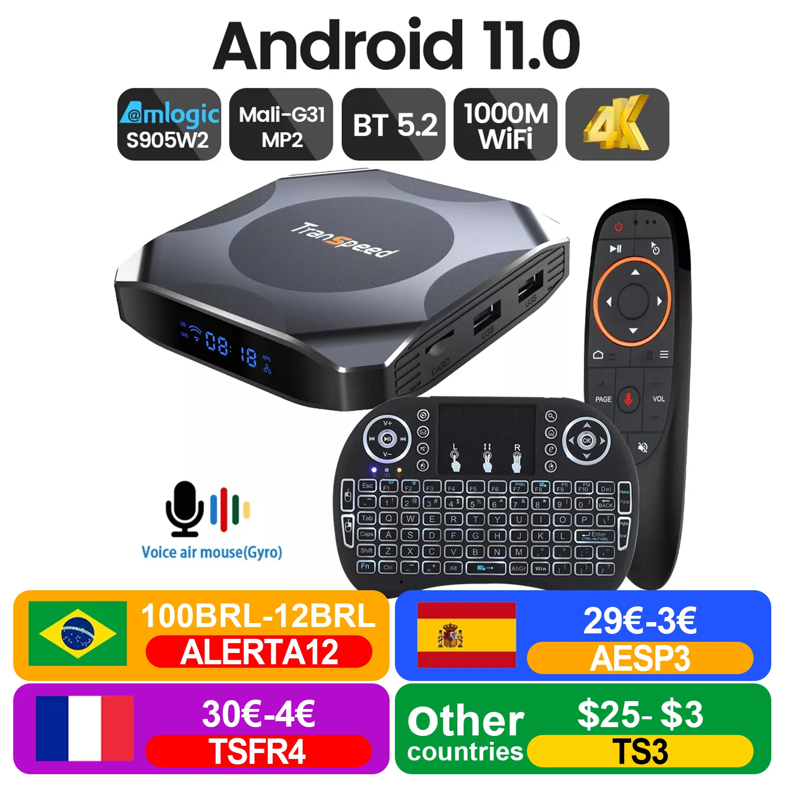 

Transpeed Android 11 TV BOX BT5.2 3D Fast Dual 1000M WiFi 4K 4GB 64GB 32GB Media Player Amlogic S905W2 Mali G31 AV1 Set Top Box