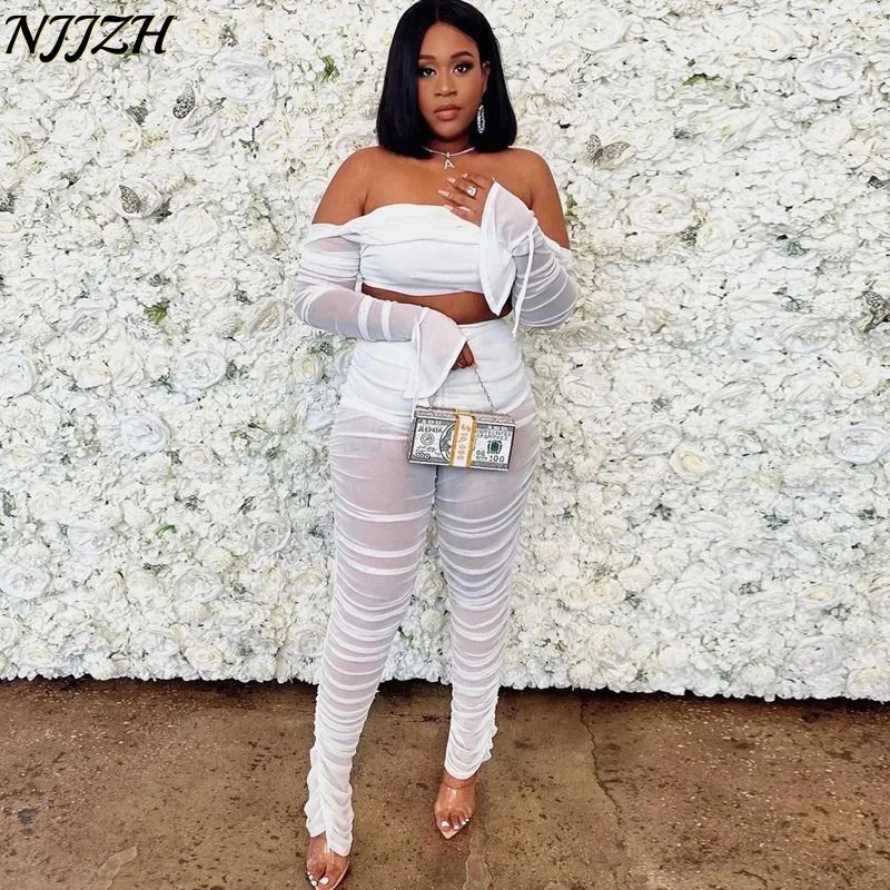 

NJJZH 2022 winter spring Fashion Casual Solid Sexy Women One word collar Long Sleeve Show waist Net yarn temperament Pants Sets