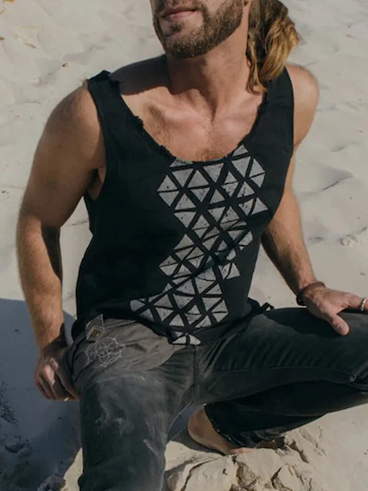 

Retro Pattern Printed Sleeveless Tank Top Men New Fashion Casual Loose O-Neck Pullover Tops For Mens 2022 Summer Vest Streetwear