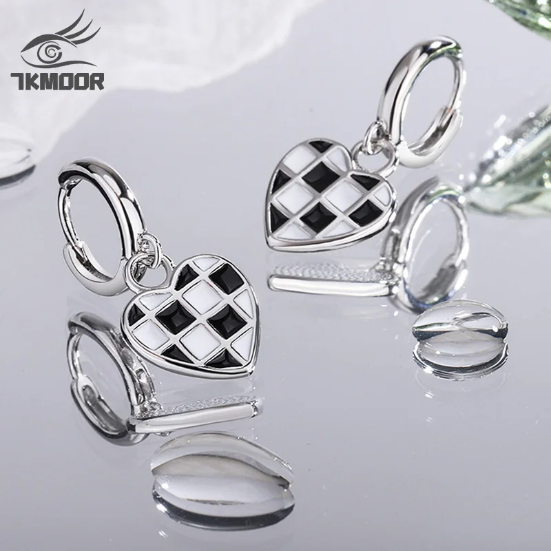 

925 silver needle Heart Earrings for Women Black White Drip Glaze Stud Earrings Party Wedding Retro Jewelry Accessories New