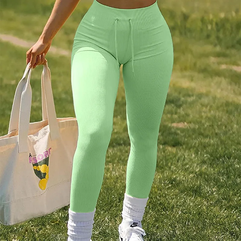 

Women Ribbed Leggings Green Workout Seamless Yoga Pants Outdoor Stripe Drawstring Legging Gym Jogging Sport Legging Ladies