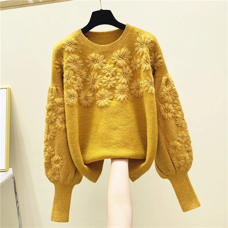 

High Quality Spring Women's Manual Flower Embroidery Sweater Fashion Full Sleeve Sweaters For Women Female Pullovers