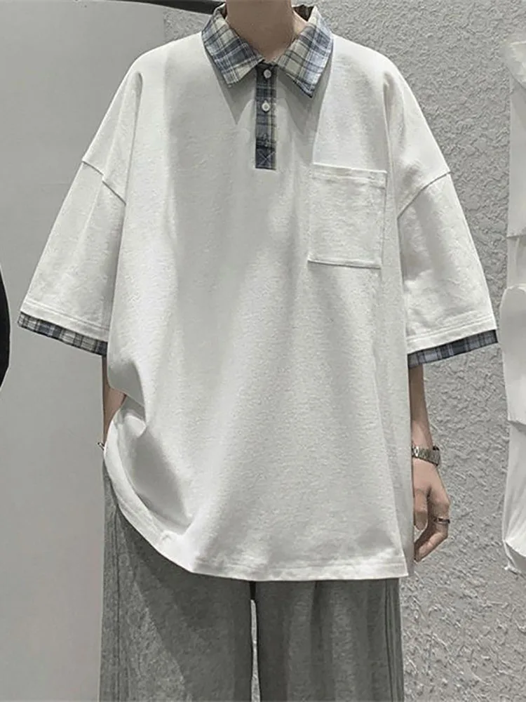 

Рубашка-поло мужская с коротким рукавом, простая блузка в клетку, Корейская свободная, в стиле преппи, на пуговицах, с рукавом до локтя, на ле...