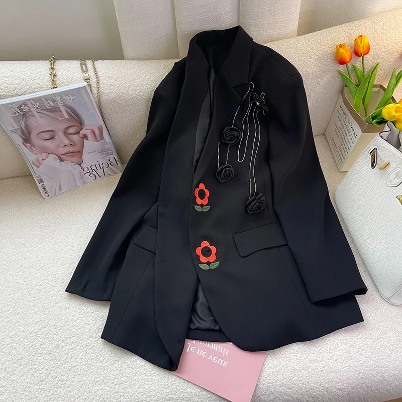 

2022 Fashion Black Suit Jacket Women's Clothing 2022 Spring Autumn New Korean Embroidered Floral Blazers Suit Tops p130