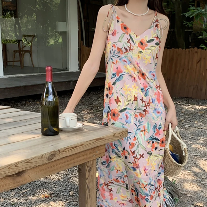 

Sexy Sleeveless Lace Up Elegant Holiday Dresses Vintage Floral Print Medium Length Suspender Dress for Women 2023 Summer New