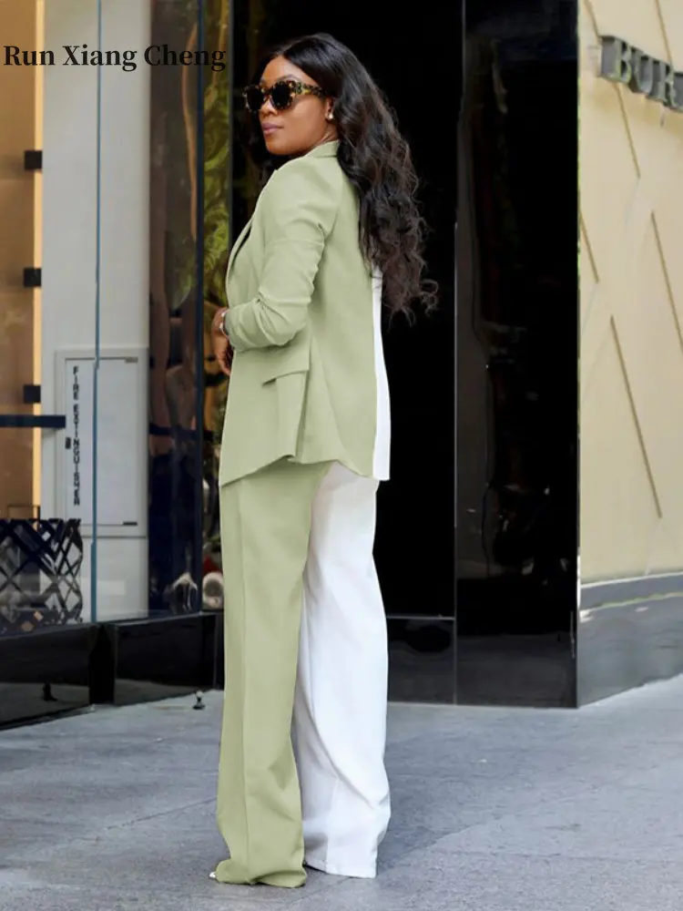 Women's Suit 2023 New Color-blocking Simple Fashion Long Sleeve Top Blazer Casual Pants Chic and Elegant Set Woman 2 Pieces