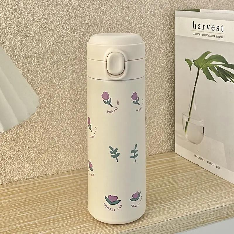 

420ml Stainless Steel Thermal Cup Bouncing Cover Milk Tea Coffee Mug Leak-Proof Thermos Mug Travel Water Bottle for Gifts