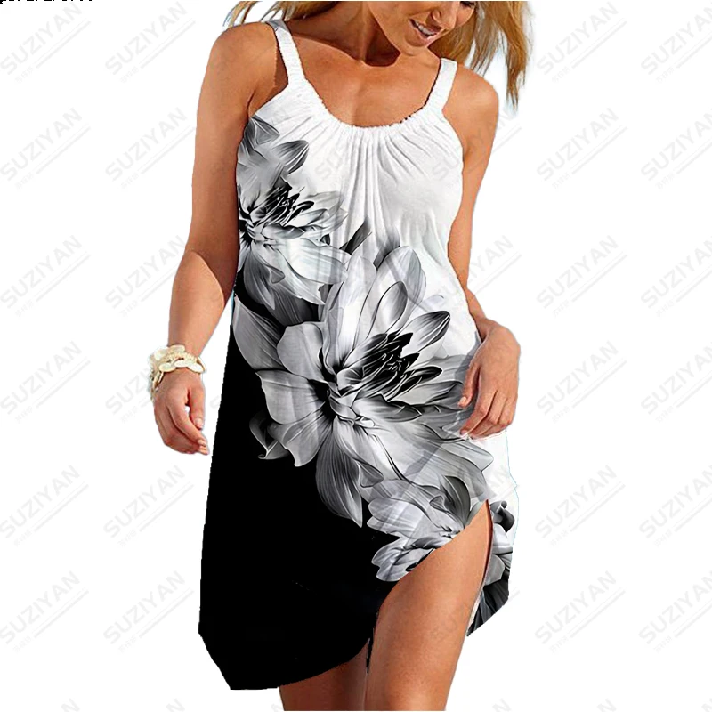 

Sling Dress Women's Flower 3D Print Dress Black and White Sexy Sun Dress Elegant Knee Length Skirt Round Neck Sleeveless Dress
