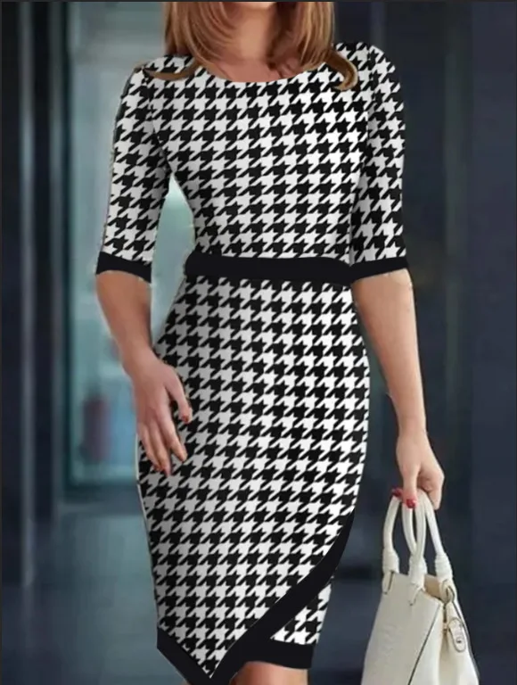

Elegant Houndstooth Pencil Dress Women Printed Bodycon Work Business Party Club Wedding Midi Dress
