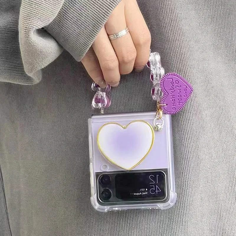 

Fashion Purple Love Crystal Bracelet Chain Shockproof Protective Case For Samsung Galaxy Z Flip 3 4 ZFlip 5G Heart Holder Cover