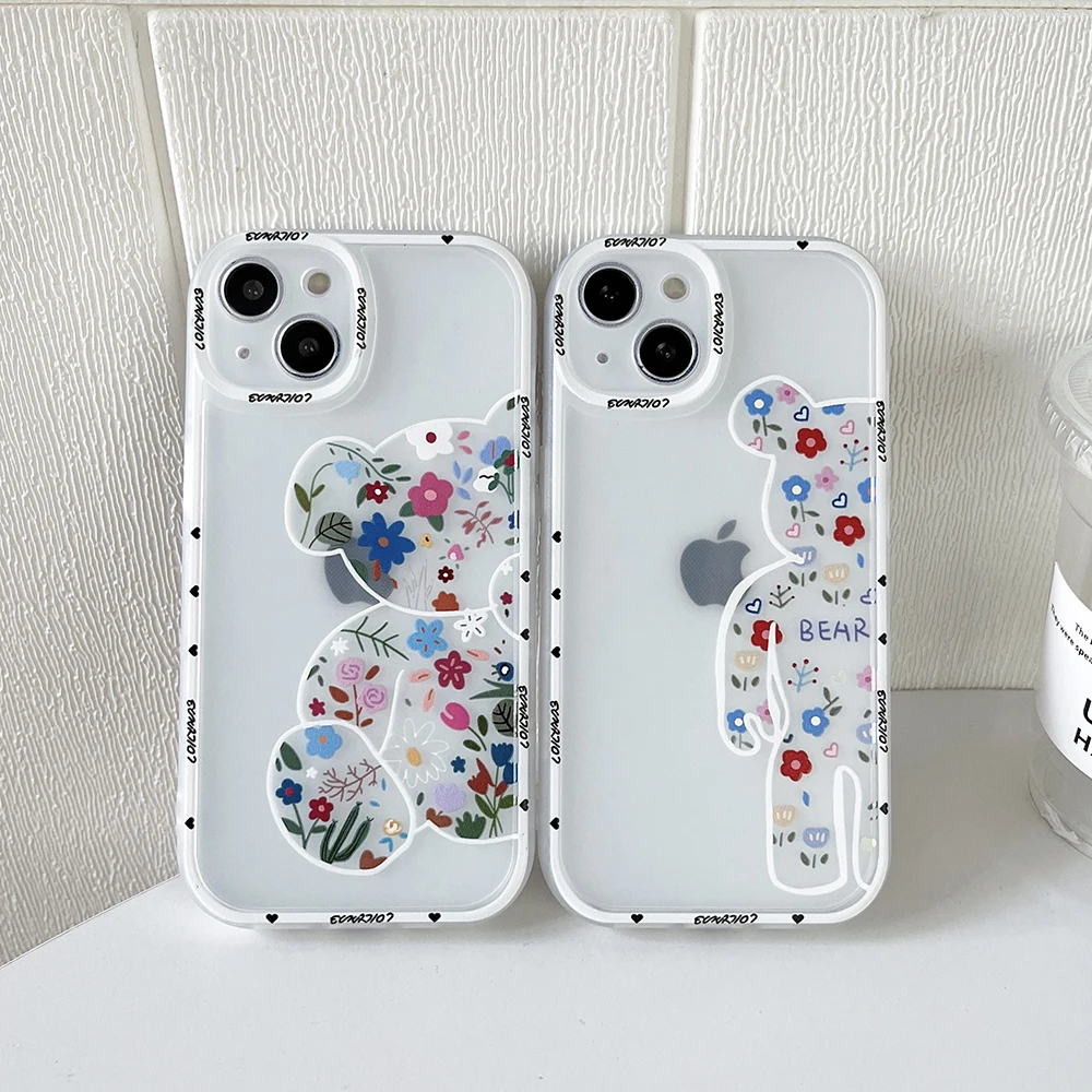 

INS Flowers Gloomies Bear Phone Cases For iPhone 13 12 11 Pro Max XR XS MAX 8 X 7 SE 2020 Couple Anti-drop TPU Soft Cover