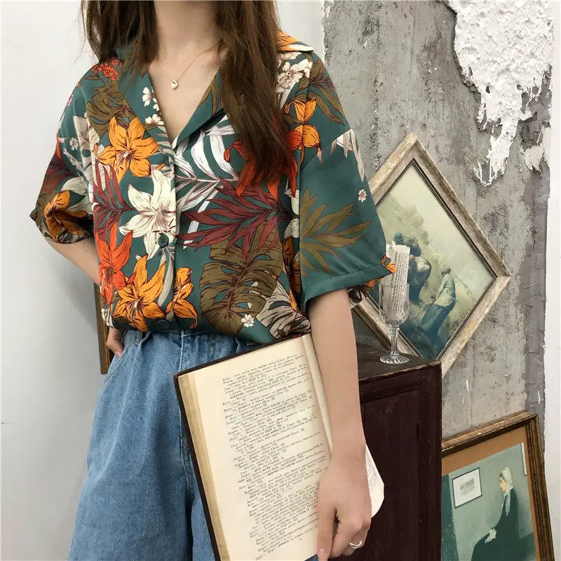 Chiffon Floral Short Sleeve Vintage Notched Casual Basic College Wind Women Female Shirts