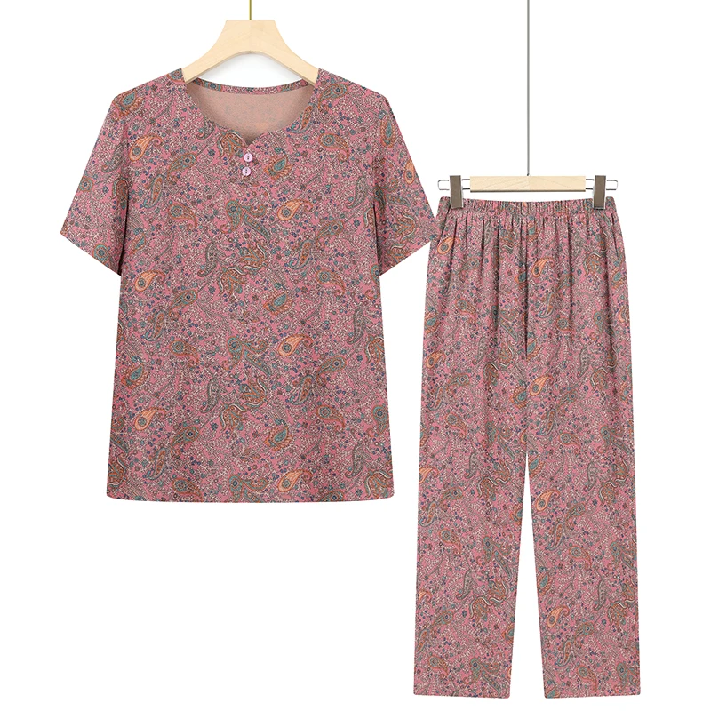 

Two-Piece Sets for Middle-Aged and Elderly Mothers, Short-Sleeved T-Shirt and Pant Suit, Grandma Outifits, Summer, XL-5XL, 2023