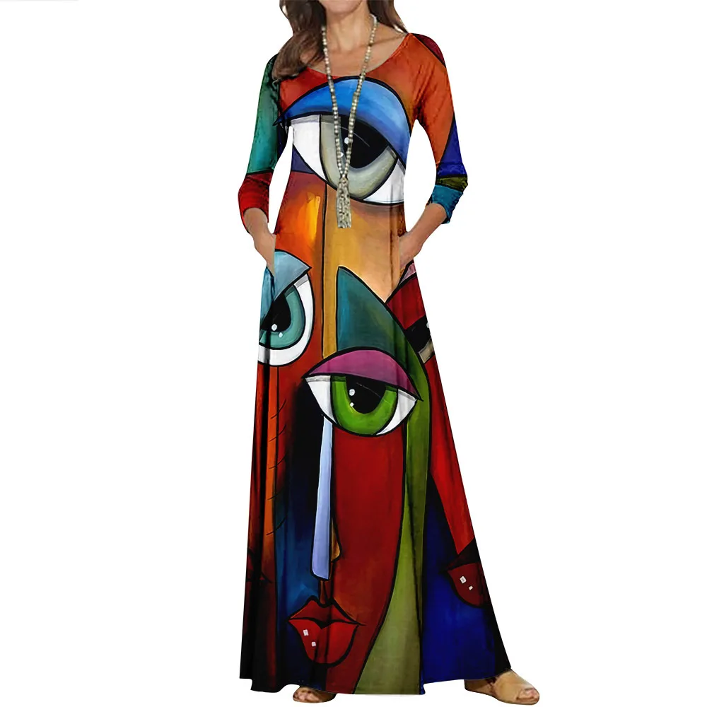 

Женское винтажное длинное платье с круглым вырезом, свободного покроя