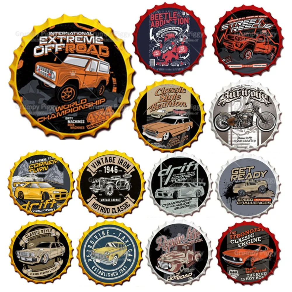 

Motor Racing Car Metal Crafts Beer Bottle Cap Tin Sign Vintage Round Plate Hanging Crafts Bar Garage Home Decor Wall Metal Signs