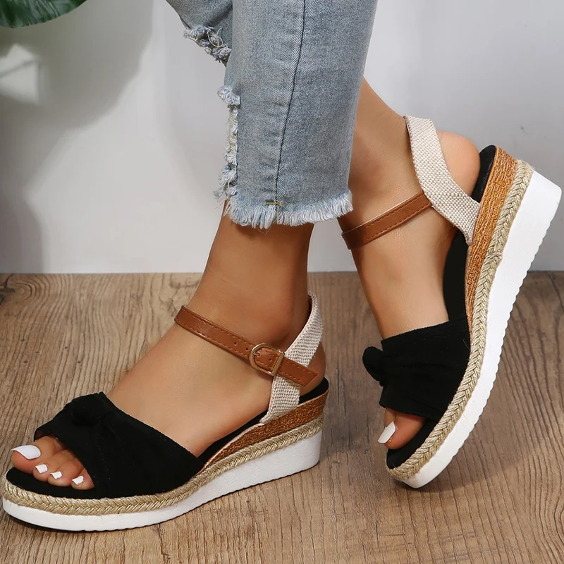 Summer Ladies Wedge Sandals Fashion Flock Thick Sole Roman Sandals Women Buckle Strap Casual Platform Sandalias Woman 2023